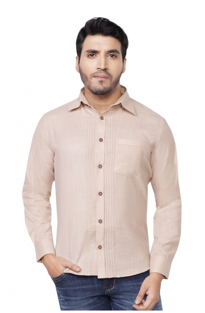 BEIGE BLENDED COTTON CASUAL SHIRT