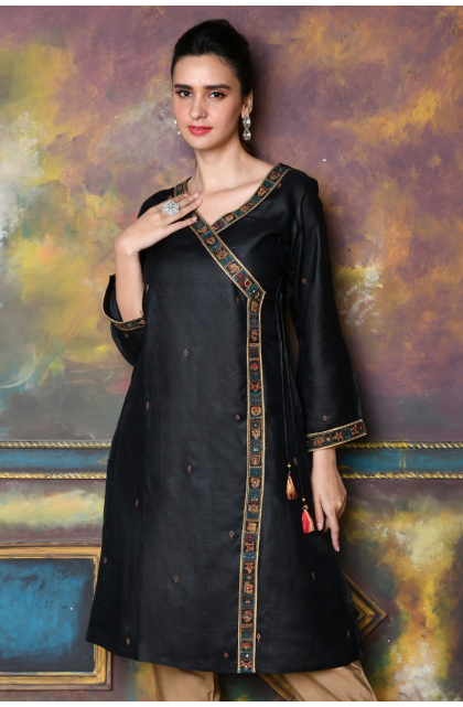 BLACK TUSSAR EXCLUSIVE EMBROIDERED LONG KAMEEZ