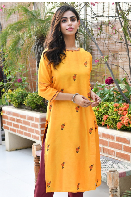 GOLDEN YELLOW DUPION SILK EMBROIDERED EXCLUSIVE LONG KAMEEZ