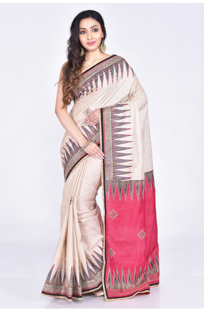Off White Tussar Hand Embroidered Saree