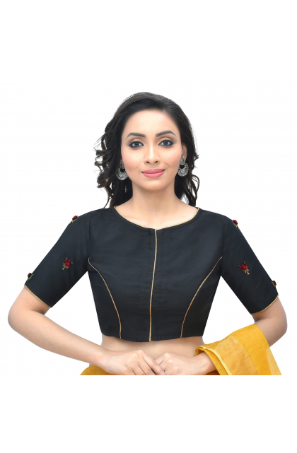 Black Cotton Silk Embroidered Blouse 