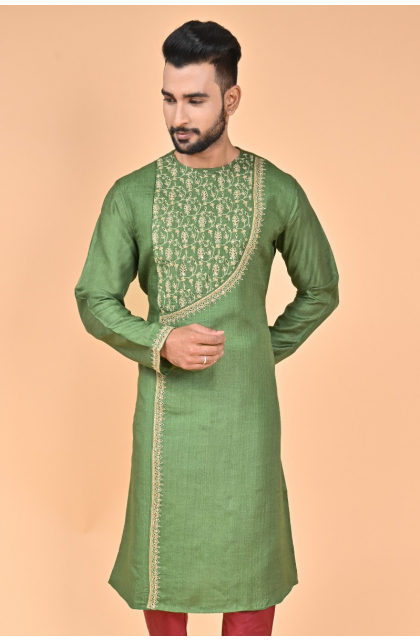 GREEN TUSSAR EXCLUSIVE EMBROIDERED LONG KURTA