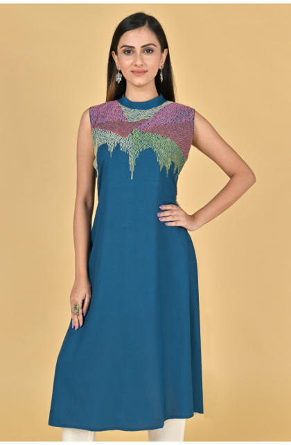 BLUE RAYON EMBROIDERED LONG KAMEEZ