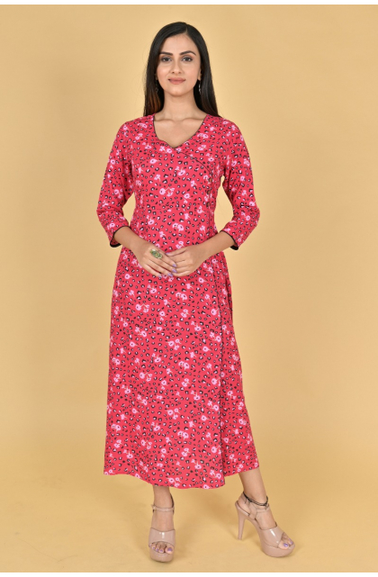 RED RAYON PRINTED EXCLUSIVE LONG DRESS