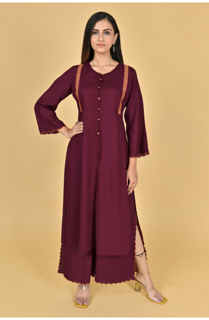 MAROON RAYON EMBROIDERED PANT SET