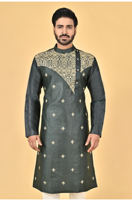 BOTTLE GREEN TUSSAR EXCLUSIVE EMBROIDERED LONG KURTA