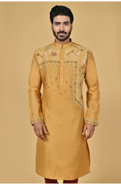 YELLOW TUSSAR EXCLUSIVE EMBROIDERED LONG KURTA