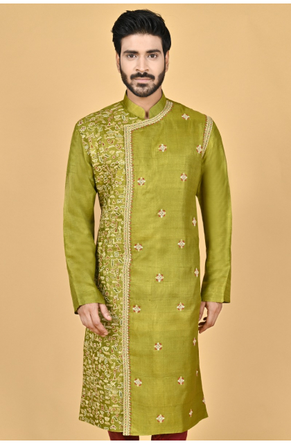 OLIVE GREEN TUSSAR EXCLUSIVE EMBROIDERED LONG KURTA