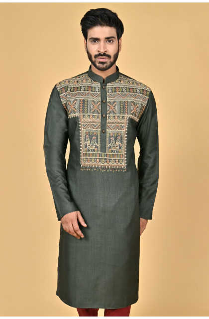 GREEN TUSSAR EXCLUSIVE EMBROIDERED LONG KURTA