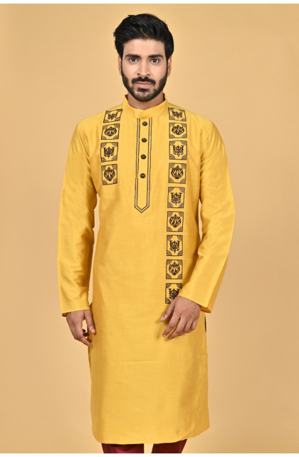 YELLOW COTTON TUSSAR EXCLUSIVE EMBROIDERED LONG KURTA
