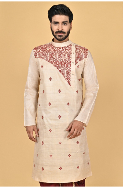 BEIGE TUSSAR EXCLUSIVE EMBROIDERED LONG KURTA
