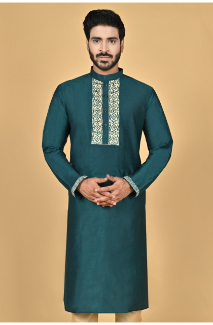 BOTTLE GREEN COTTON TUSSAR EXCLUSIVE EMBROIDERED LONG KURTA