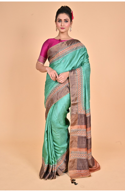 GREEN HAND EMBROIDERED TUSSAR SAREE