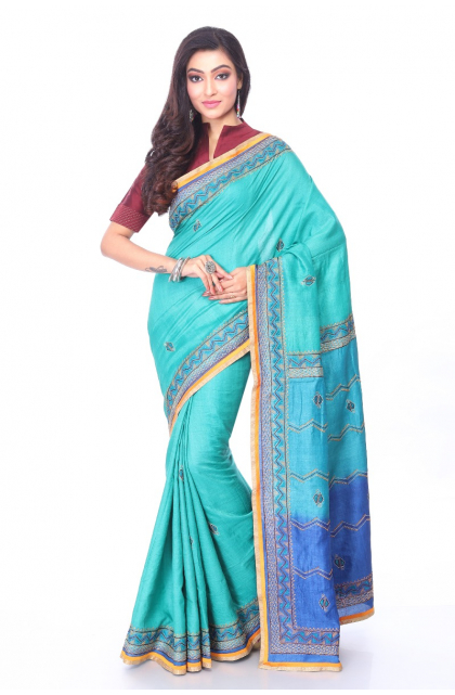 GREEN TUSSAR HAND EMBROIDERED SAREE