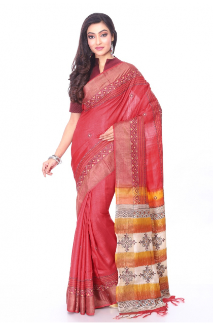 RED TUSSAR HAND EMBROIDERED SAREE