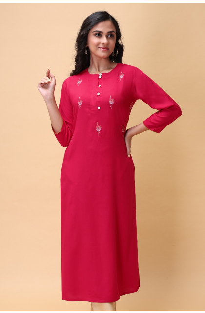 RED RAYON EMBROIDERED LONG KAMEEZ