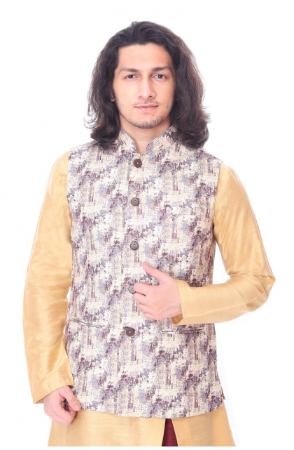 Beige Jute Cotton Printed Ethnic Jacket