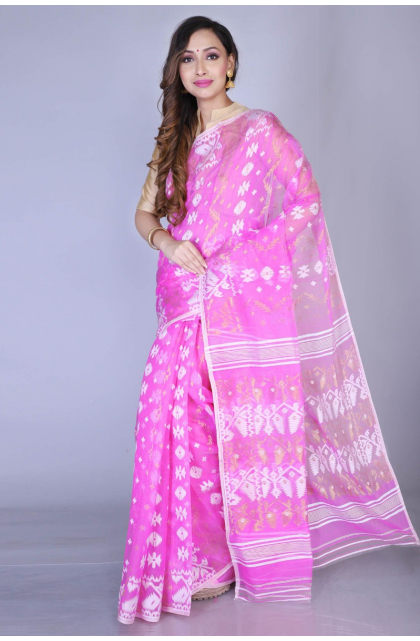 Pink Cotton Jamdani Saree