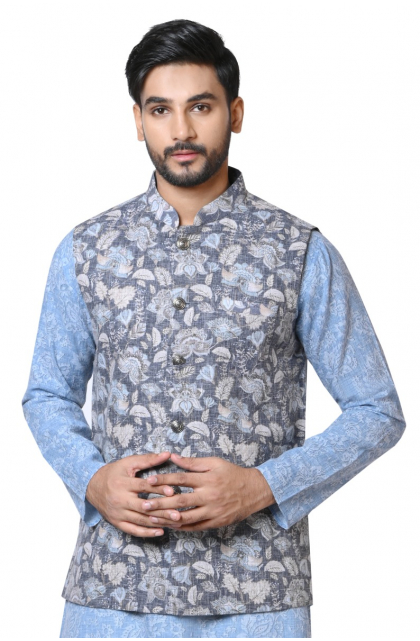 GREYISH BLUE COTTON PRINTED WINTER AND SUMMER FRIENDLY ETHNIC JACKET