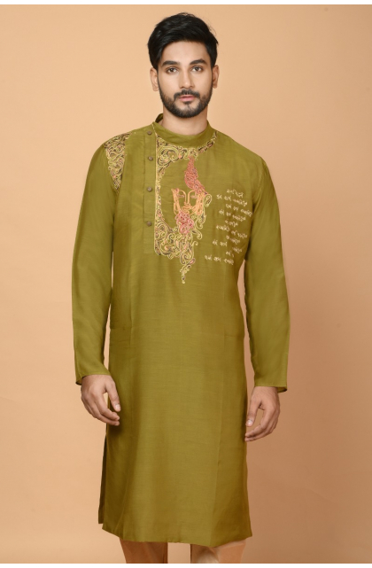 OLIVE GREEN MASLIN HAND EMBROIDERED EXCLUSIVE LONG KURTA