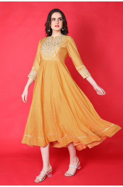 YELLOW MUSLIN EMBROIDERED EXCLUSIVE LONG DRESS