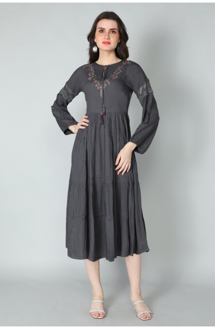 GREY RAYON EMBROIDERED EXCLUSIVE LONG DRESS