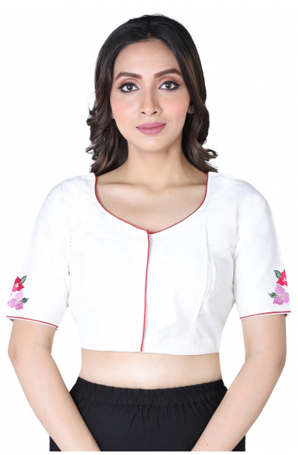 WHITE COTTON TUSSAR EMBROIDERED BLOUSE