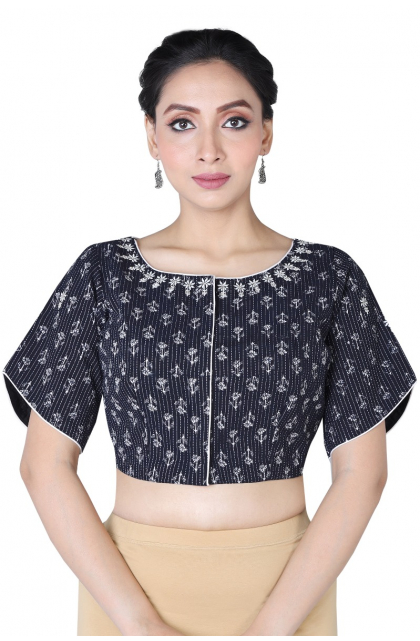 BLACK COTTON PRINTED  EMBRIODERED BLOUSE
