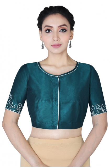 GREEN COTTON TUSSAR EMBROIDERED BLOUSE