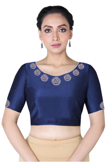 NAVY BLUE COTTON TUSSAR EMBROIDERED BLOUSE