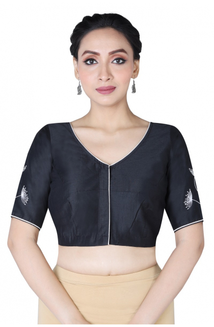 BLACK COTTON TUSSAR EMBROIDERED BLOUSE