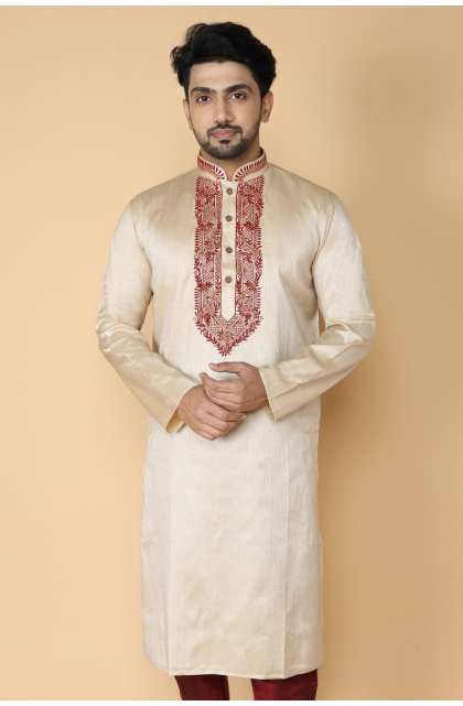 BEIGE COTTON  EXCLUSIVE EMBROIDERED LONG KURTA