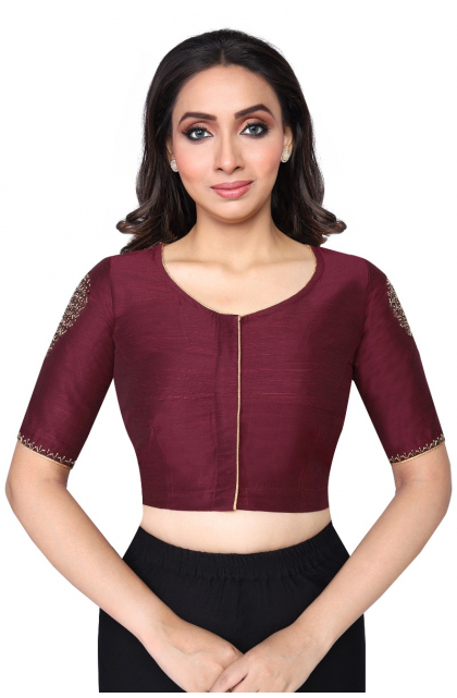 MAROON COTTON TUSSAR HAND EMBRIODERED BLOUSE