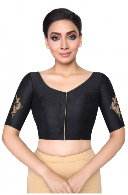 BLACK COTTON TUSSAR WHEAT EMBROIDERED EXCLUSIVE BLOUSE