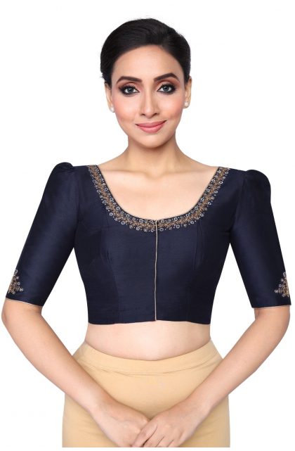 DARK BLUE COTTON TUSSAR EMBROIDERED EXCLUSIVE BLOUSE