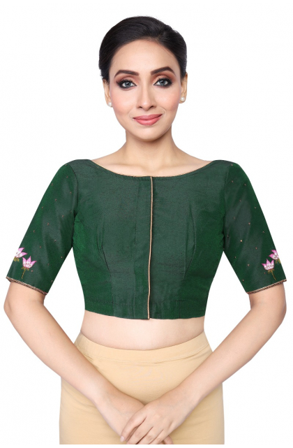  BOTTLE GREEN COTTON TUSSAR EMBROIDERED BLOUSE