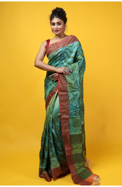 GREEN HAND EMBROIDERED TUSSAR SAREE