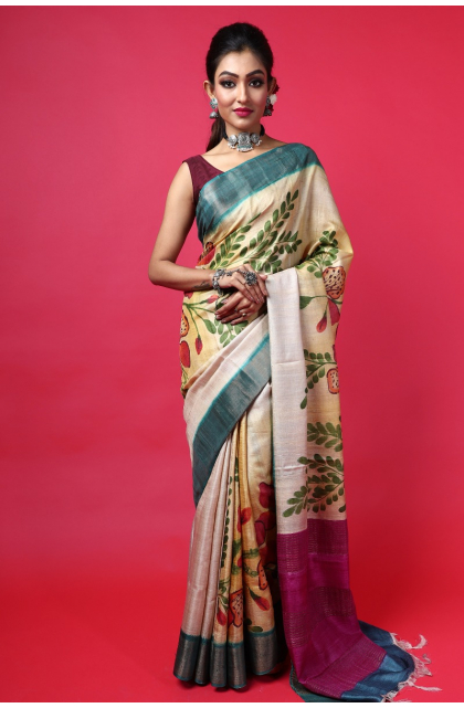 MULTICOLORED HAND PAINTED TUSSAR  SAREE
