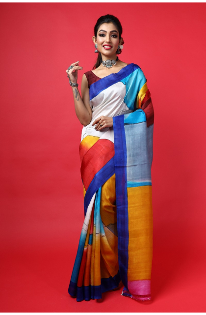 Multicoloured Hand Painted Pure Silk Saree