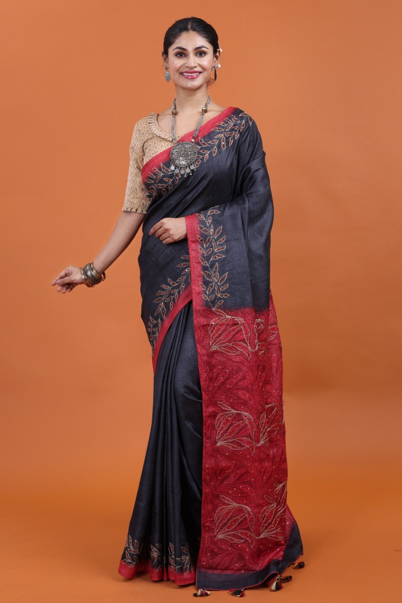 Black Hand Embroidered Printed Tussar Saree