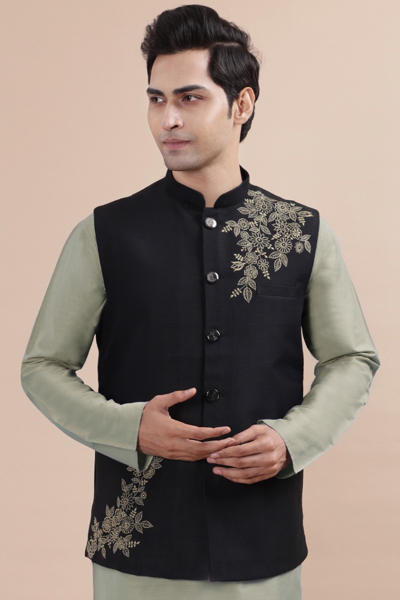 Black Embroidered Cotton Slub Ethnic Jacket