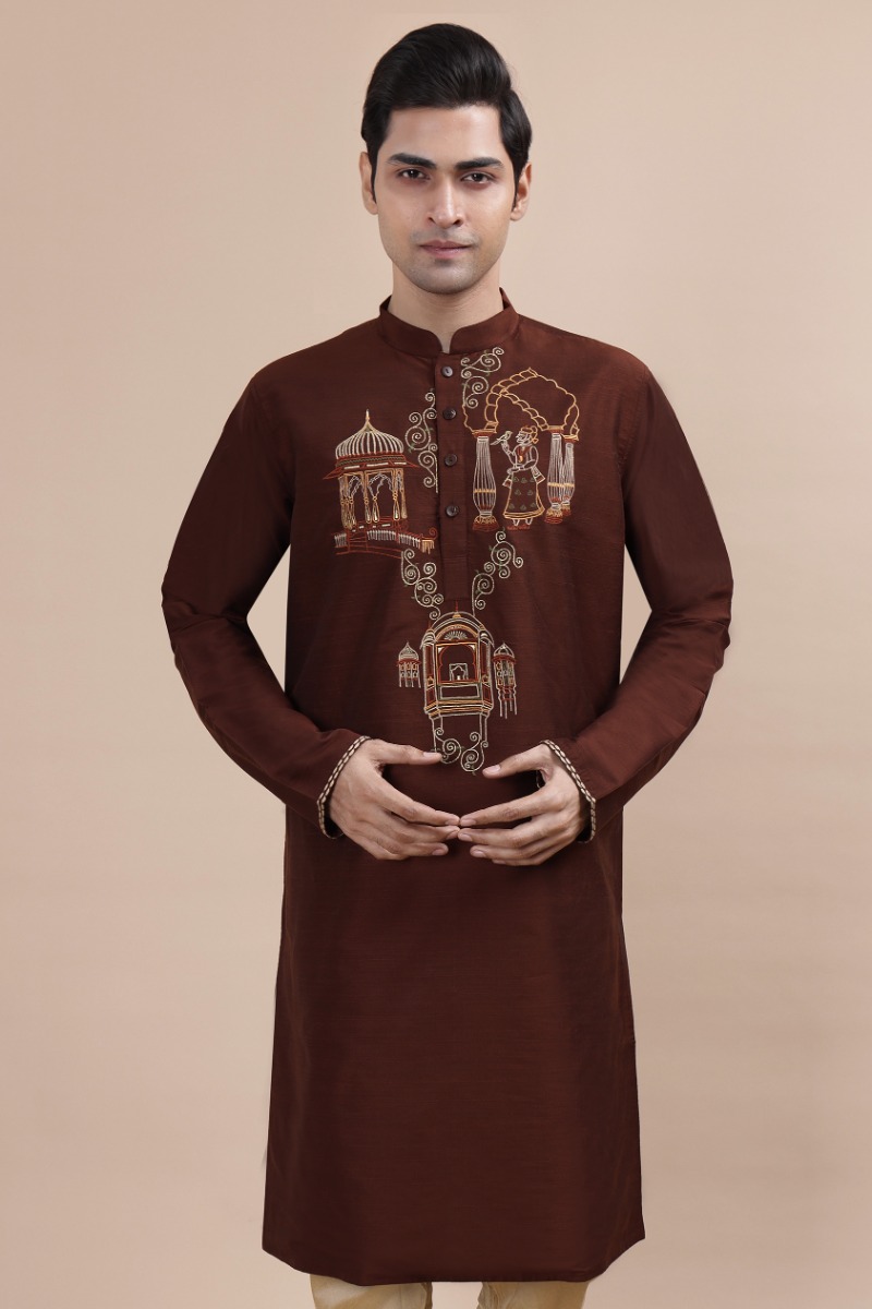 Brown Embroidered Cotton Slub Long Kurta