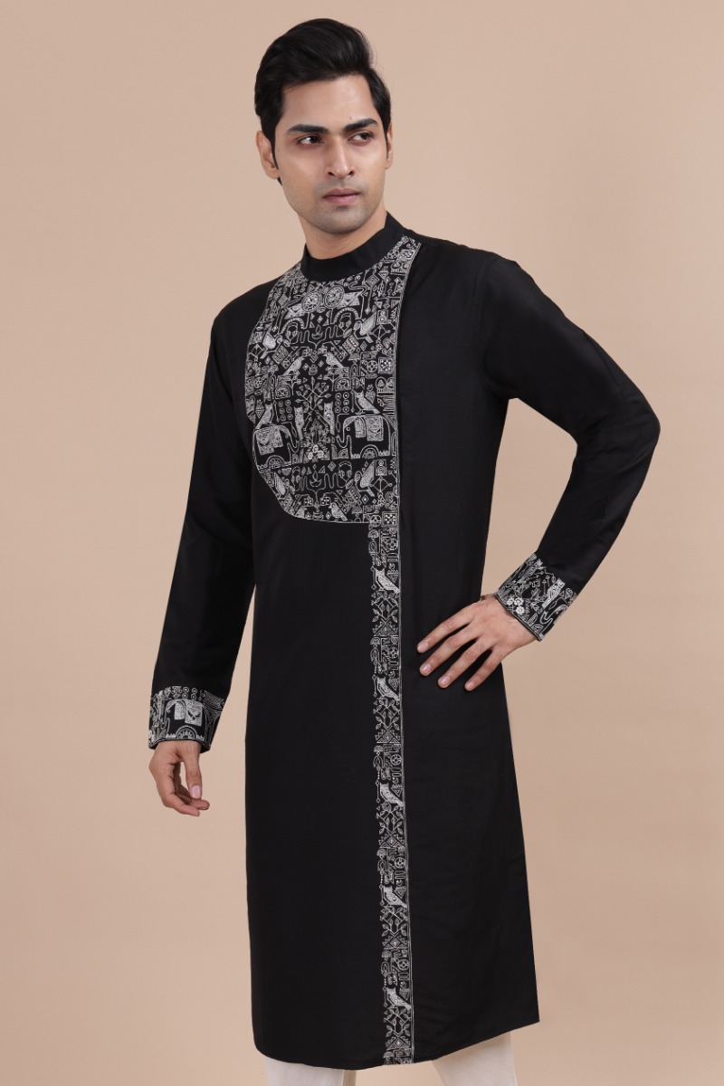 Black Embroidered Cotton Slub Long Kurta