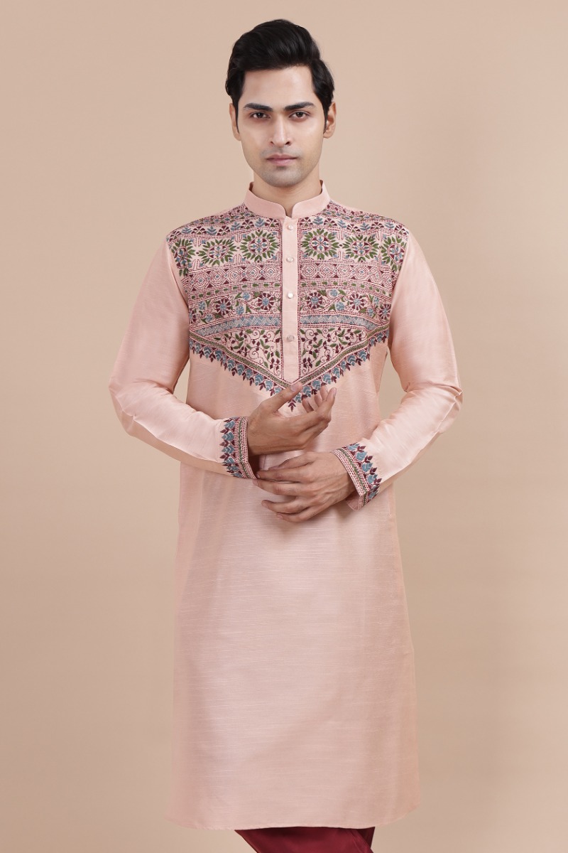 Peach Embroidered Cotton Slub Long Kurta