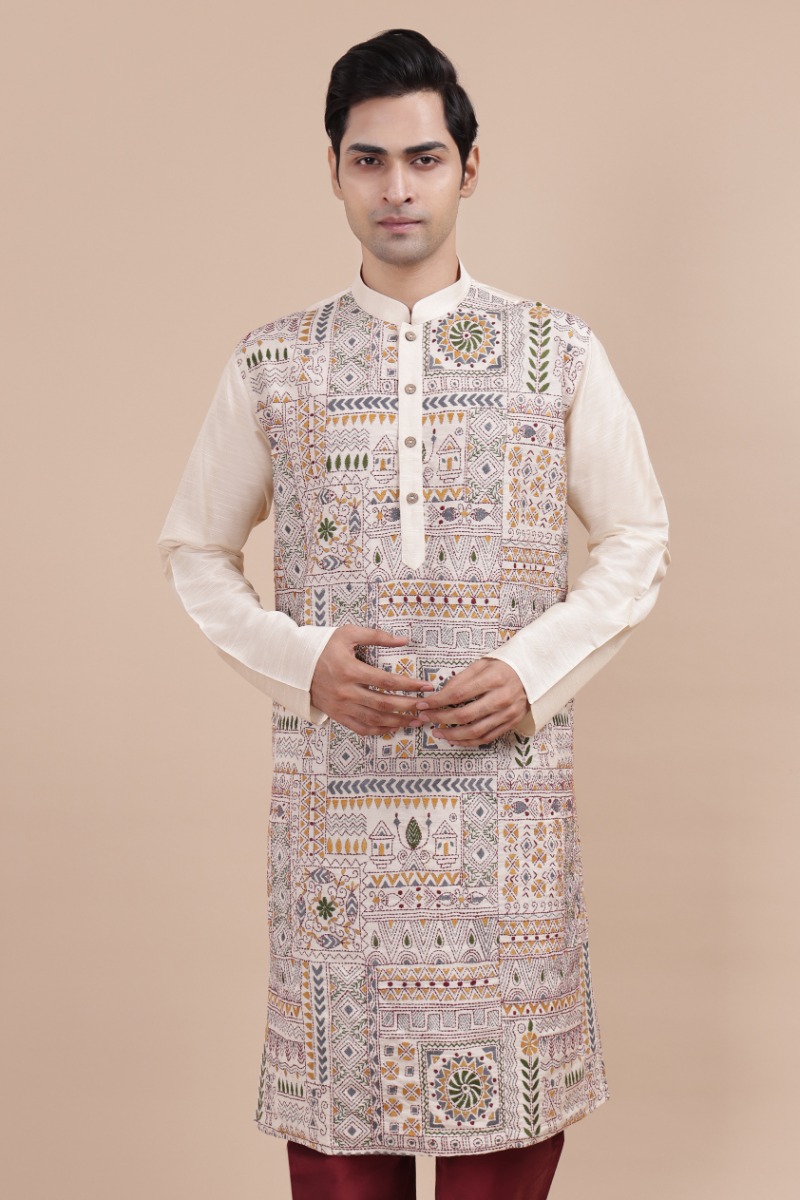 Off White Hand Embroidered Cotton Slub Long Kurta