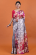 Pink & Grey Printed Silk Saree
