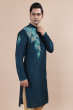 Blue Cotton Slub Embroidered Long Kurta