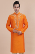 Orange Embroidered Cotton Slub Long Kurta