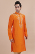 Orange Embroidered Cotton Slub Long Kurta