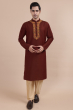 Brown Embroidered Cotton Slub Long Kurta